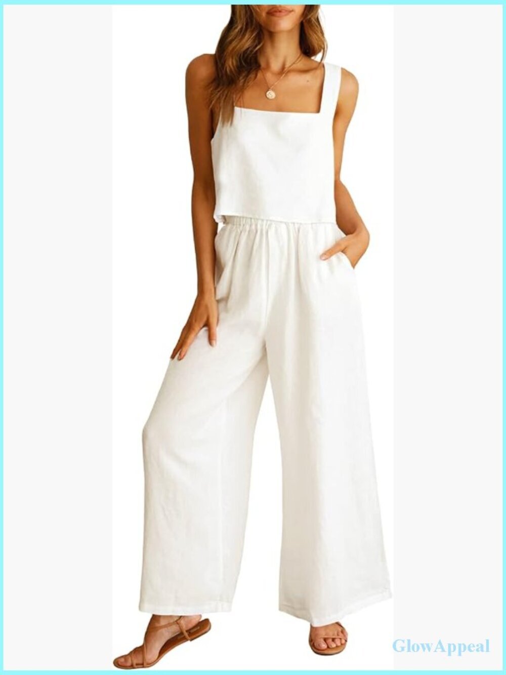 Linen 2 Piece Outfit Jumpsuit Lounge Set Square Neck Crop Top Wide Leg Pants